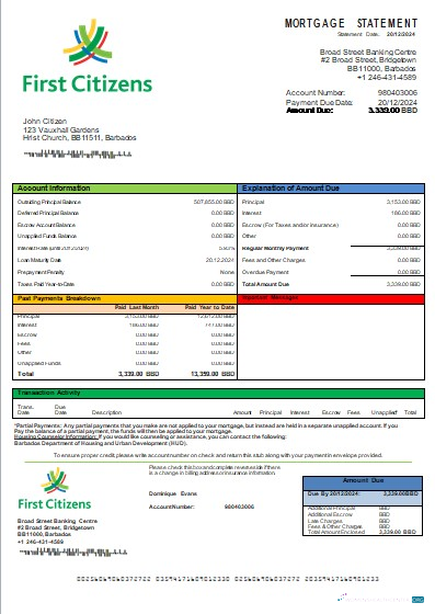 Download Barbados First Citizens bank mortgage statement scr Photoshop template